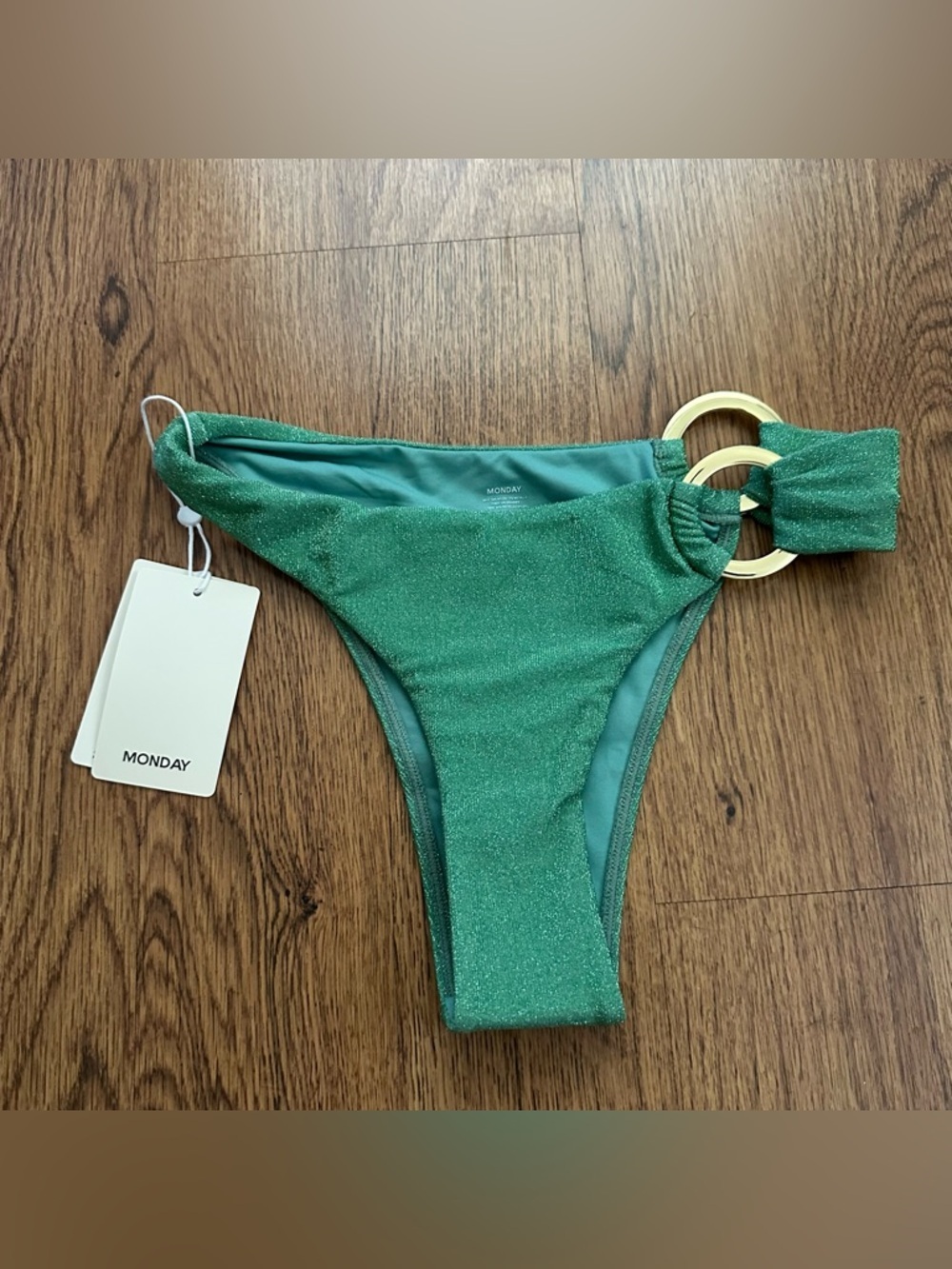Monday Green Glitter Bikini Bottom with Gold Rings size small NWT swimwear